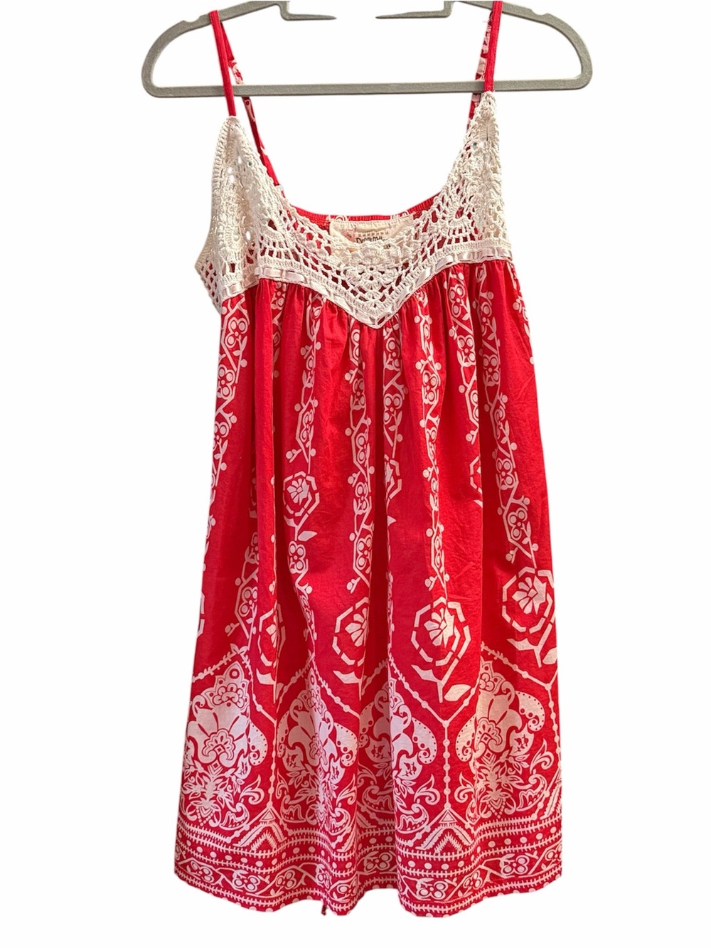 Debbie Miller For Rigo Red Bandana Crochet Babydoll Mini Dress Sun Dress M